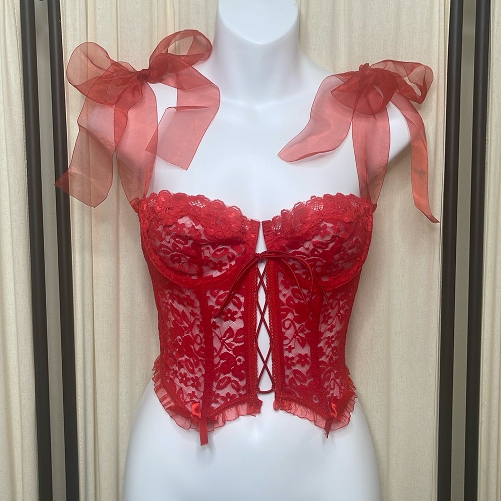 NEW! RED LINGERIE CORSET WITH RIBBONS SIZE SMALL